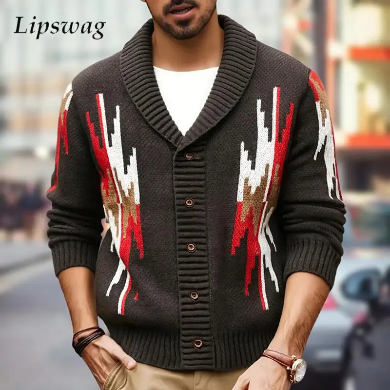 

Винтажный свитер с геометрическим рисунком, мужские утолщенные вязаные свитера, осень-зима, уличные повседневные мужские вязаные кардиганы, уличная одежда