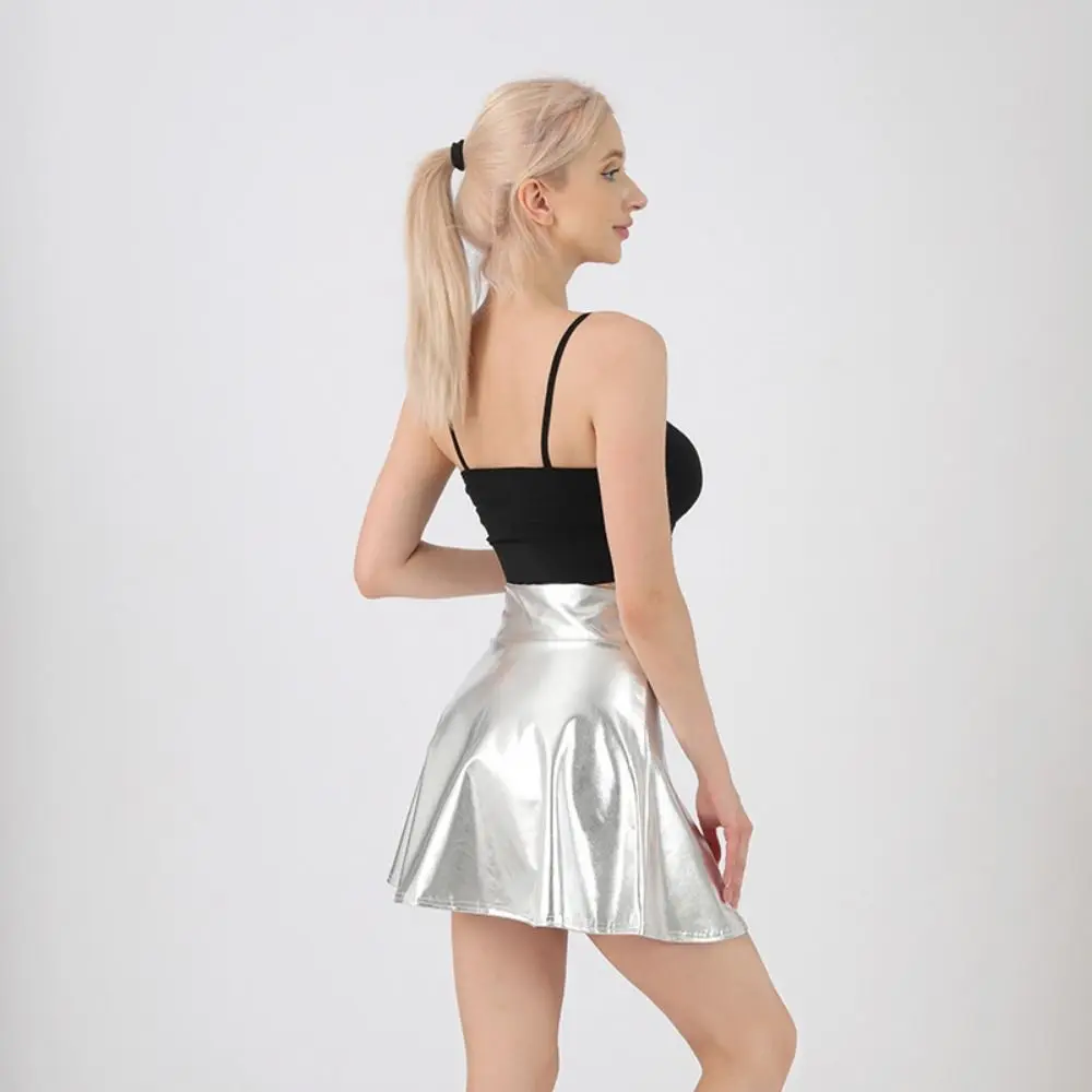 Elegant Metallic Pleated Skirt Retro Gold Silver A-line Short Skirt Flared Design Solid Color Girls Short Mini Skirt
