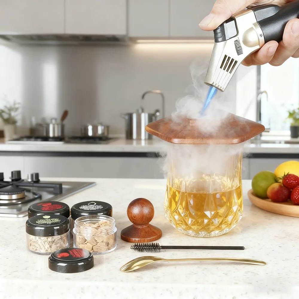 الزجاج العلوي المدخن كوكتيل المدخن عدة مع 4 قطعة رقائق الخشب نادل اكسسوارات لمشروبات ويسكي التدخين طقم هدايا للرجال