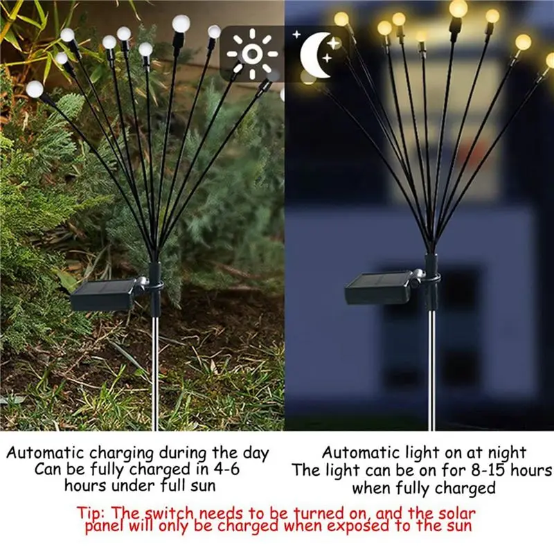 ABMS-2PCS 10 Head Solar Powered Firefly Lights, 10 LED Outdoor Waterproof Solar Starburst Swaying Garden Lights