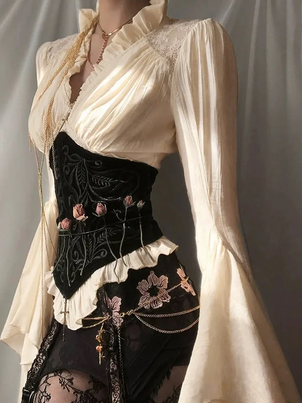 Gothic Sle Medieval Court irt Women's loween Subculture Asymmetrical Skirt Set High Waist Gown with Pleats Long Sve