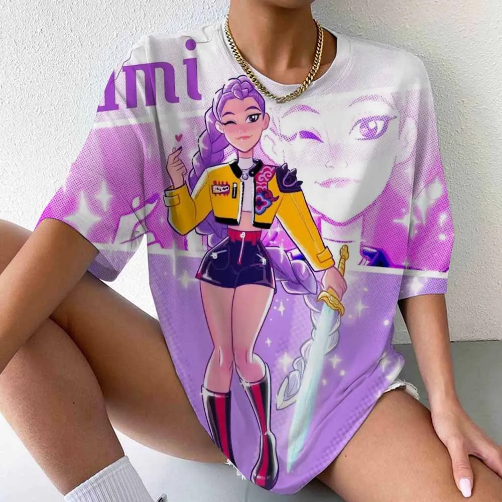 

Hot K-Pop Demon Hunters Mira Rumi Zoey Printing T-shirt Women Fashion Short Sleeve Street Casual Personality Summer T-shirt
