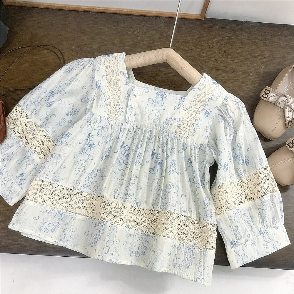 Girls Set Spring and Autumn New Korean Edition Lace Flower Shirt Hairy Jeans Fashion Daily Casual Style Dressing