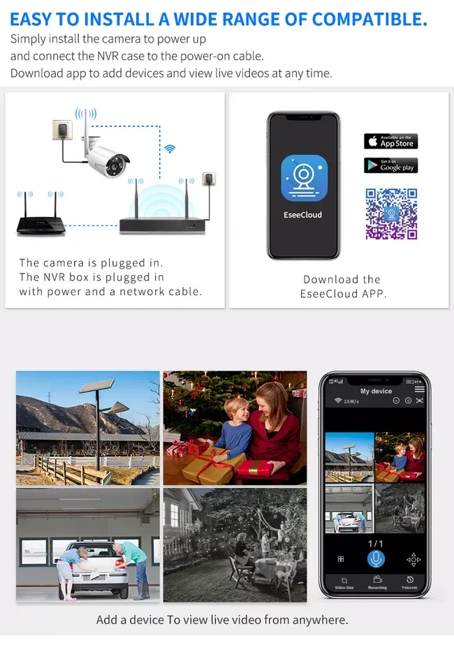Prosto z fabryki Eseecloud 8CH HD 3MP 5MP bezprzewodowy System CCTV Wifi kamera bezpieczeństwa IP na zewnątrz Audio wideo zestaw do nadzorowania zestaw NVR