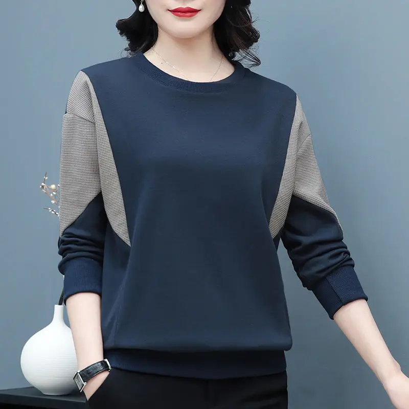 Korean Simple Style Patchwork Long Sleeve Loose Cotton Ladies Tops 2023 Spring Autumn Women\'s Casual All Match T-shirts Clothing