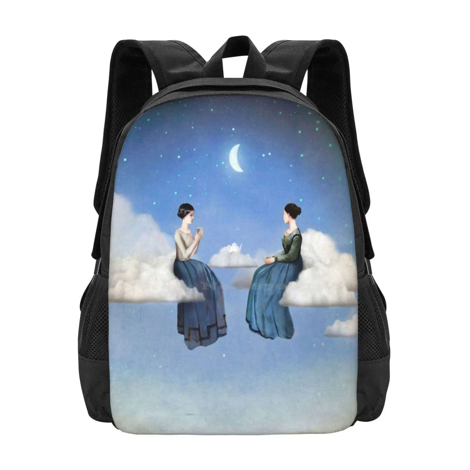 Wind , Clouds And Tea Backpack For Student School Laptop Travel Bag Heaven Sky Night Stars Starlight Moonlight Blue Woman Tea