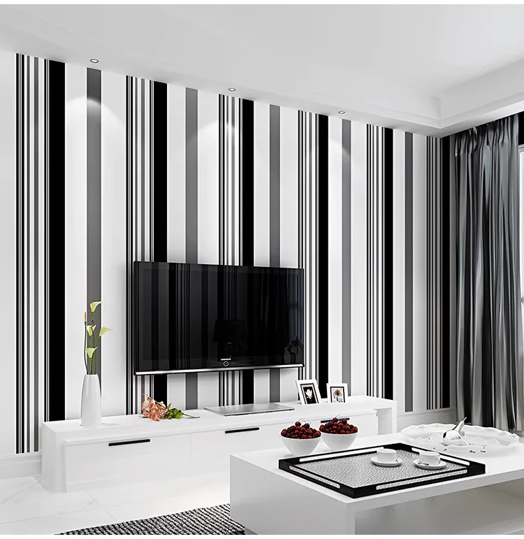 Modern 3D Non-Woven Wallpaper Living Room TV Background Wall Decor Black and White Gray Striped Wallpaper Household Wallpaper