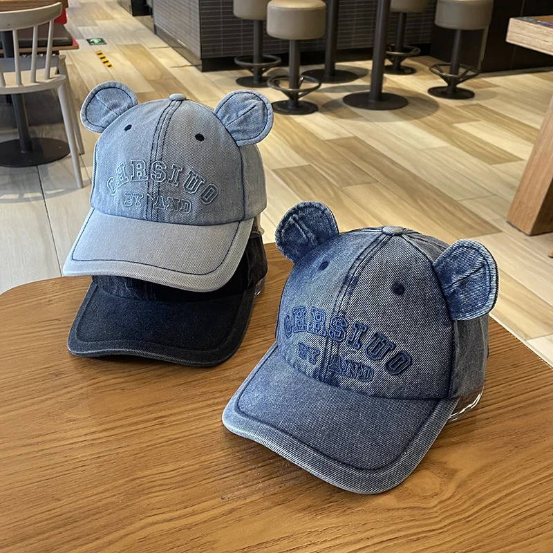 Washed Denim Peaked Cap for Women Autumn New Cute Bear Three-Dimensional Ear Baseball Cap for Men