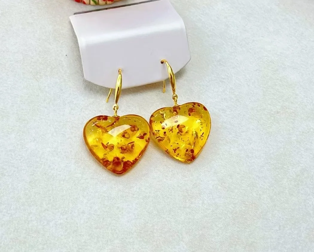 Certificate 925 Silver Natural Piebald Amber Heart Ear Hook Romantic Oversize Gemstone Love Drop Hoop Earring Women Fine Jewelry