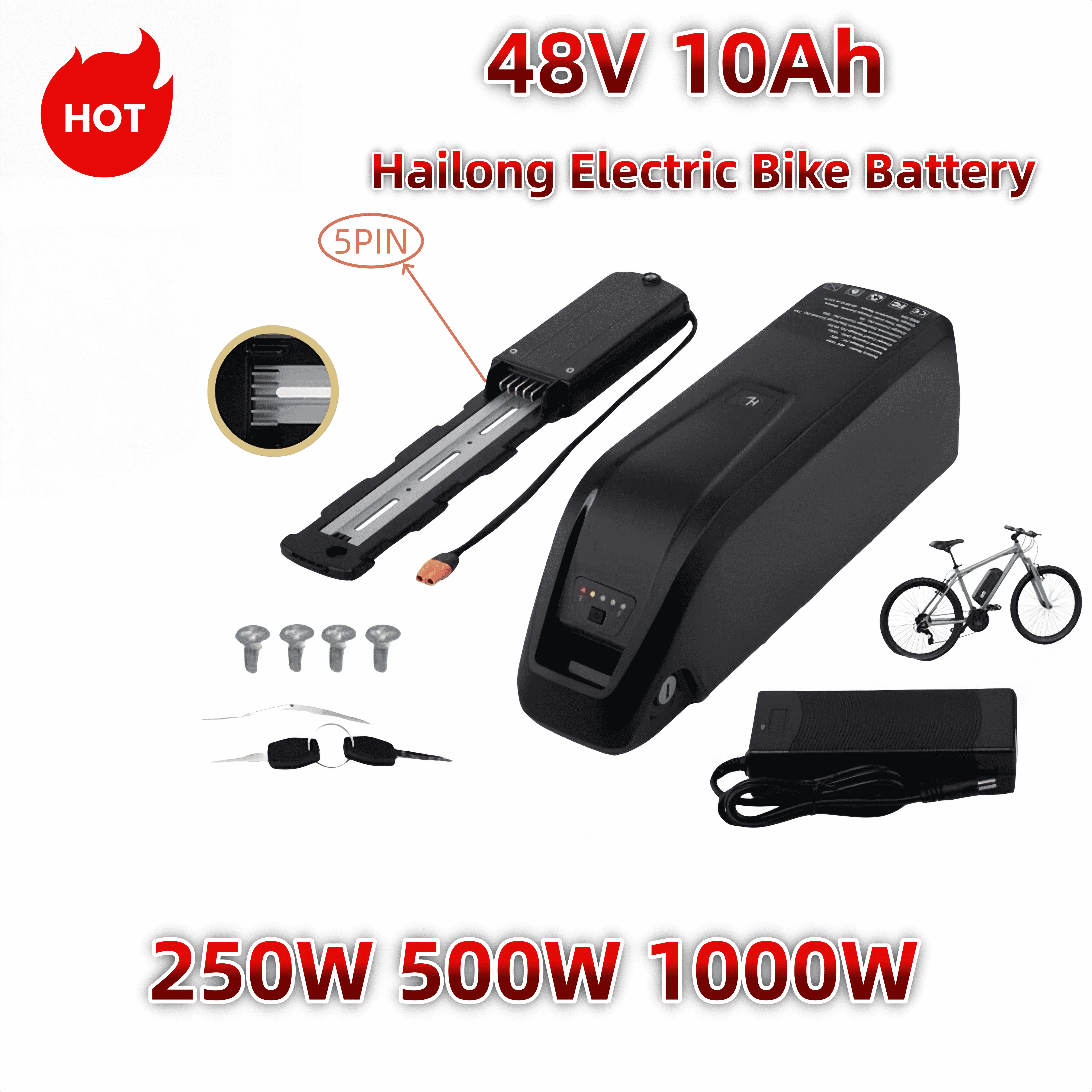 New 48V 10Ah 5-Pins Rechargeable Lithium-ion Battery Pack High Quality for Bafang 250W 500W 1000W Motor Hailong Bike