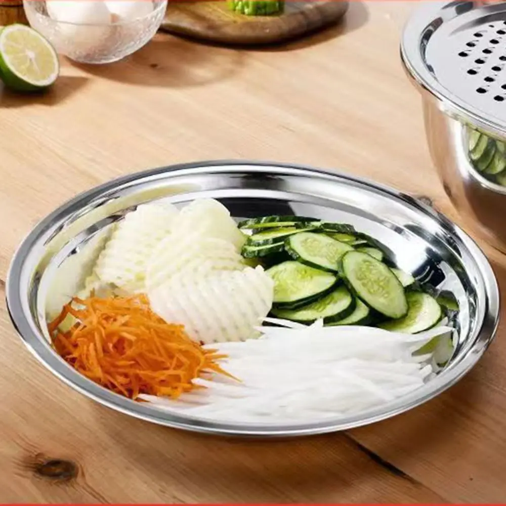 

Stainless Steel Vegetable Washing Basket Thickened Reusable 3 in 1 Colanders Basin Stackable Quick Drainage Mixing Bowl Set
