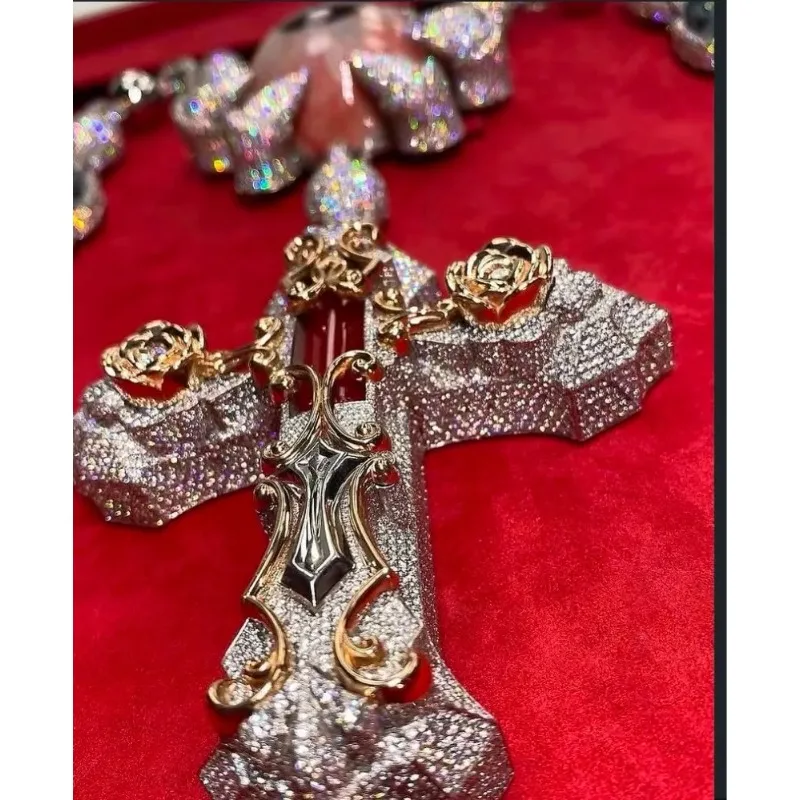 Copper Moissanite Cross Pendant | Full Iced Out with Golden Pattern, Luxury Religious Bling, Men's Statement Necklace