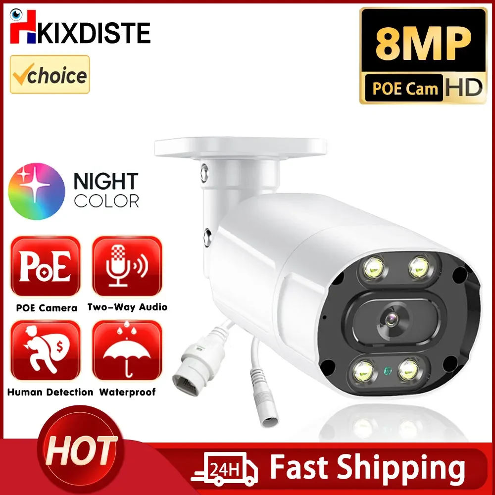 UltraHD 8MP Outdoor POE Camera 3840 x 2160p Bullet IP Security Camera Outdoor IP67 Waterproof 3.6mm Lens Two-Way Audio CCTV 4K