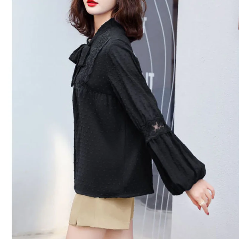 2023 New Spring/Summer Fashion Solid Color Versatile Loose Body Covering Long Sleeve Temperament Bow Tie Chiffon Women's Shirt