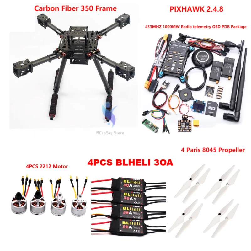 Kit de contrôle de vol en fibre de carbone F350 PIXHAWK 2.4.8 M8N, cadre Ardupilot 100MW télémétrie radio quadrirotor BLHELI 30A 2212 moteur ESC