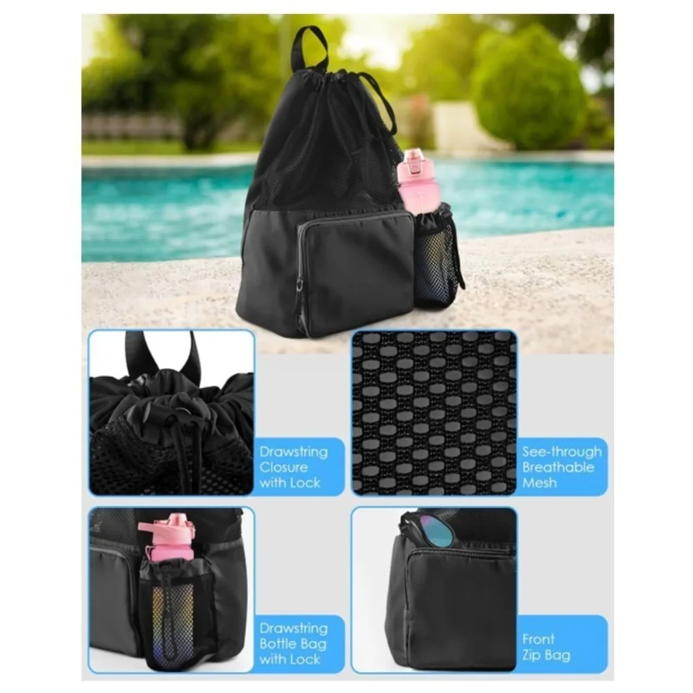 Portable Mesh Swim Bag with Wet Pocket Nylon Drawstring Backpack Waterproof Beach Backpack Workout Gear