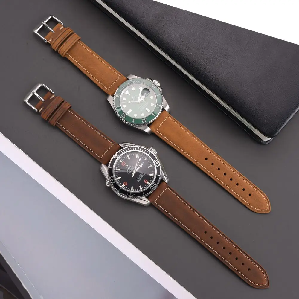 EACHE Genuine Leather Watch Band 20mm 22mm Light Brown Dark Brown Matte Retro Watch Strap With Quick Release Spring Bar