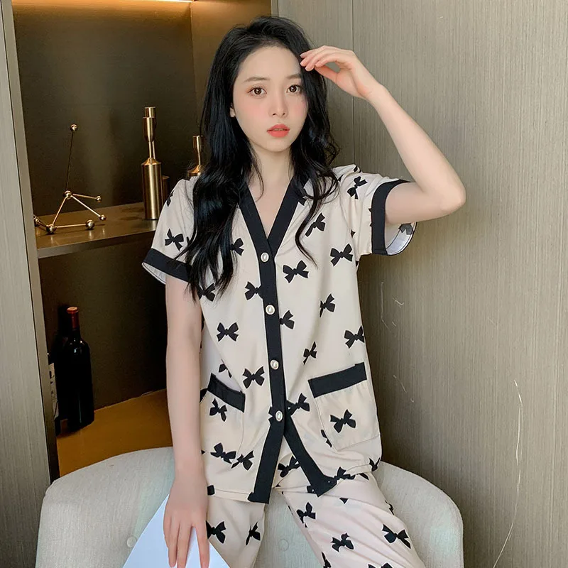 Chic Bow Print Womens Pajama Set Comfortable Short Sleeve V Neck Top and Elastic Waist Pants Luxurious Sleepwear & Loungewear