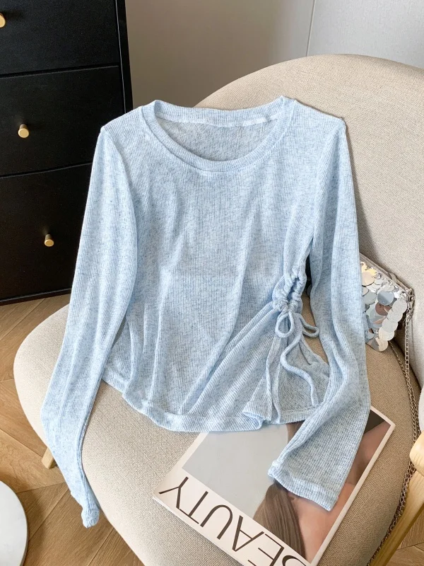 Summer Women's Short Irregular Sleeveless T-shirt Lightweight Blue Mesh Knitted round Neck Air Conditioning Top Sweet Style
