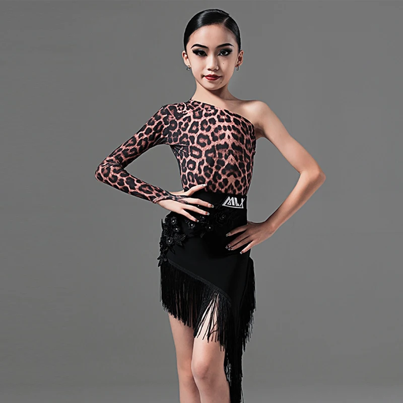 2024 Girls Latin Dance Costume Single Sleeve Leopard Bodysuit Tassel Skirt Rumba Tango ChaCha Dance Competition Clothing YS5387