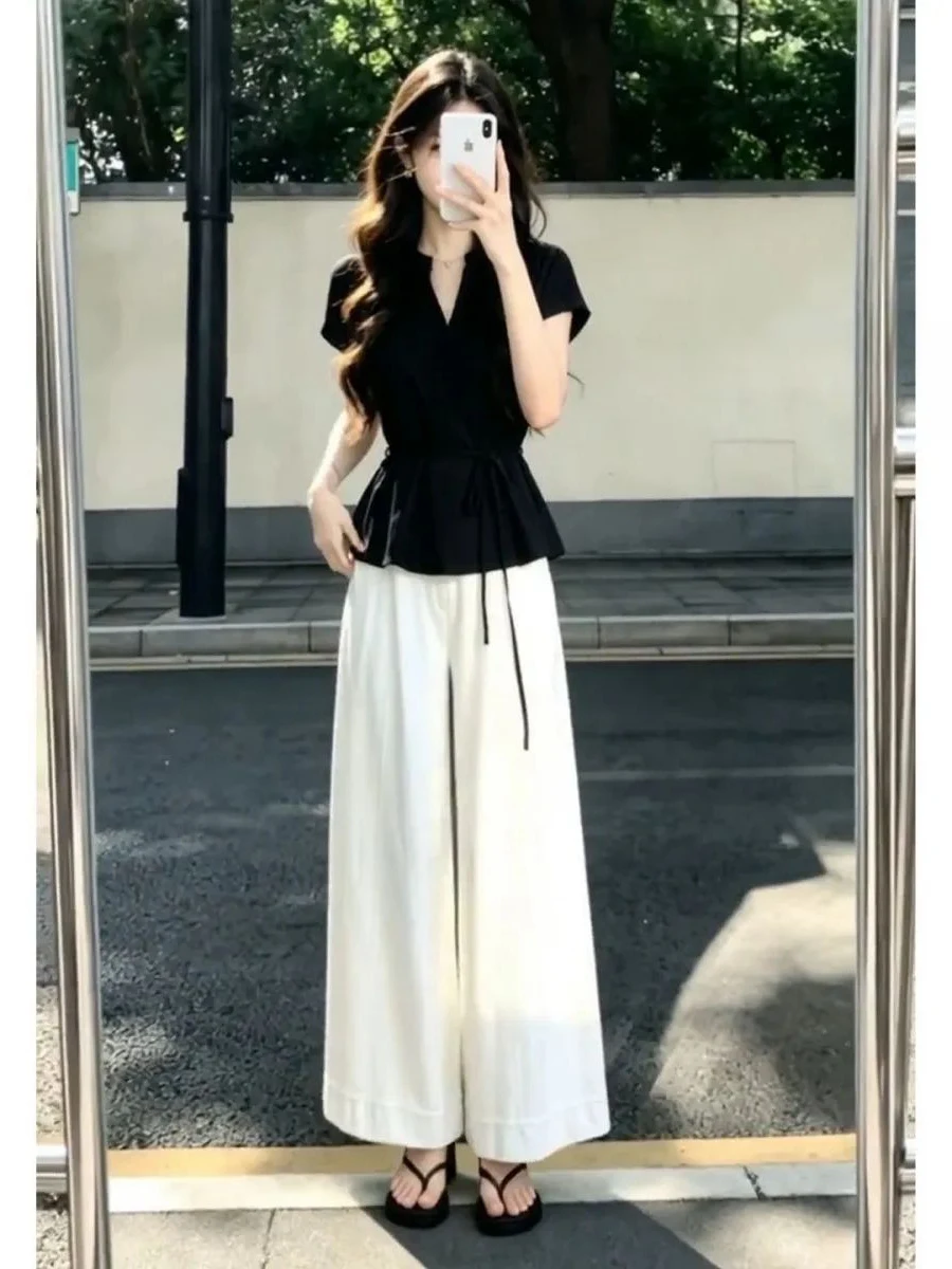 

Summer Fashion Short Sleeve T-Shirt Women's Wide Leg Pants Set Absolutely Beautiful Two-Piece Set Breathable Comfortable Trou...