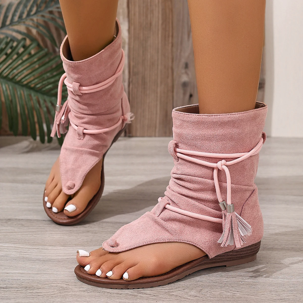 

One Foot Stirrup Adjustable Cross Strap Tassel Fashion Simple Solid Color Hundred Party Women's Nude Boots