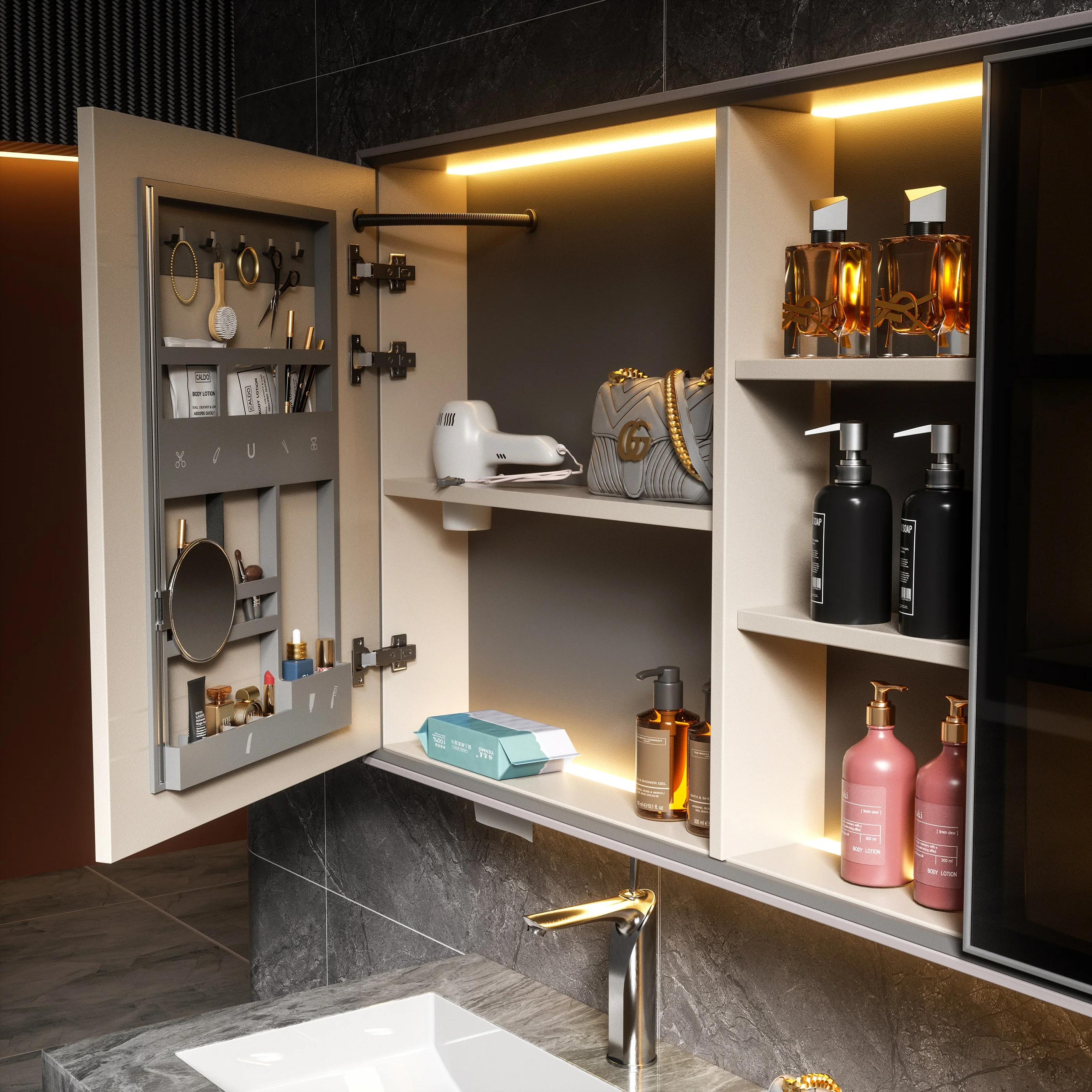 High Quality Euro Style Bathroom Vanity With LED Large Capacity Storage Mirror Cabinet 63 Inch Stainless Steel Washroom