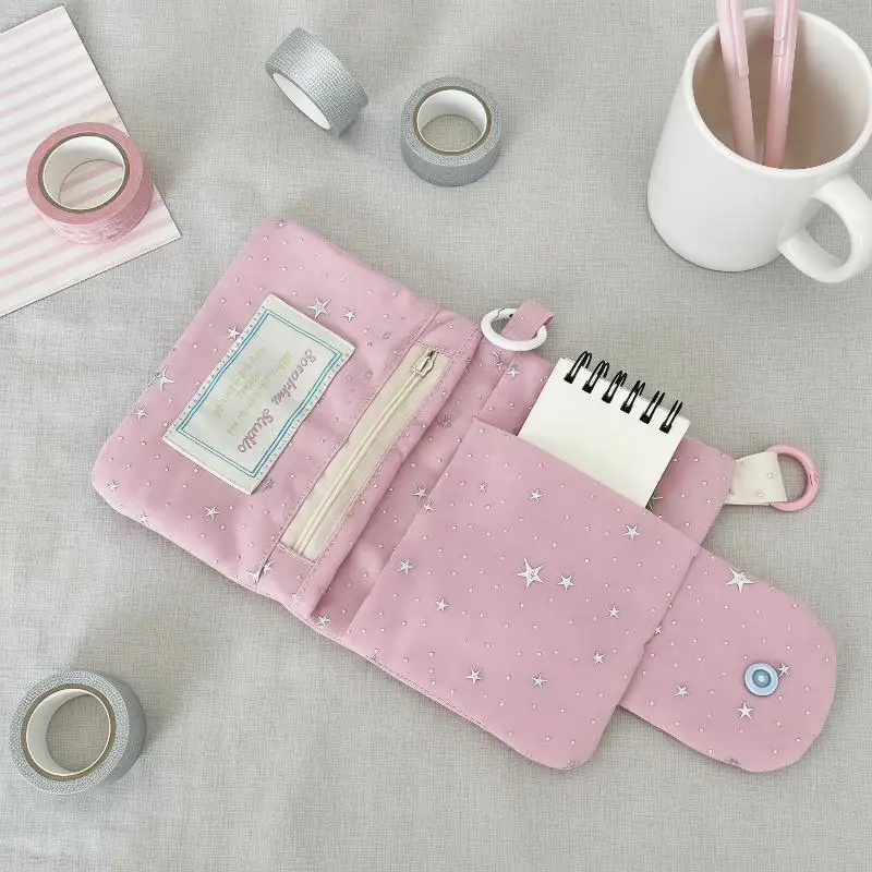 Soft Polyester Storage Pouch With Shiny Star Print And Heart Decor Perfect For Storing Earphones Lipsticks Small Items Daily Us