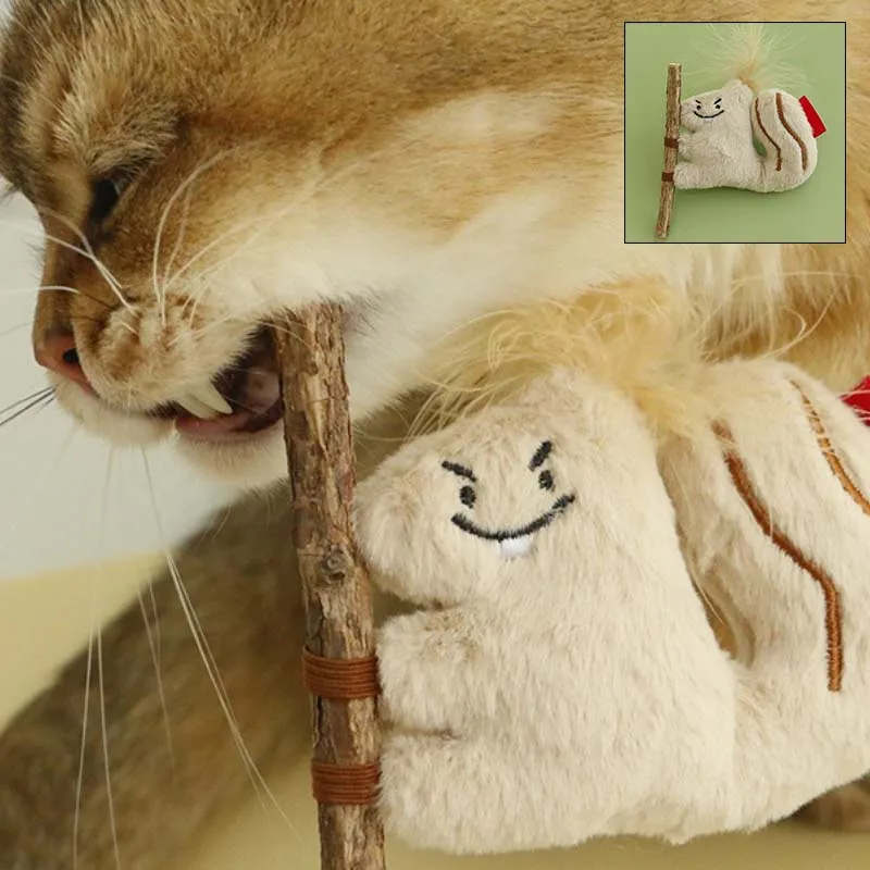 Cat Teasing Stick Toy Bite Resistant Wood Plush Squirrel Kitten Toy Cute Teeth Grinding Interactive Cat Toy