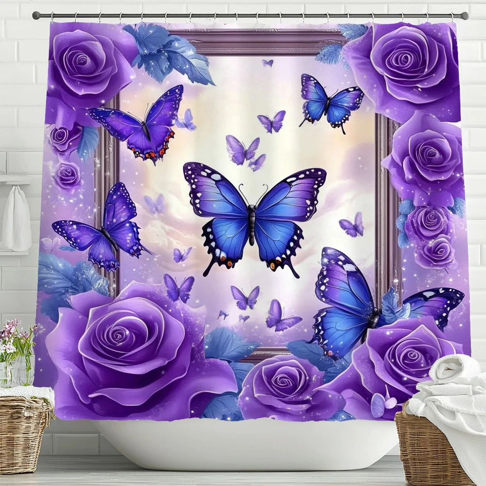 

Красивая фиолетовая шторка для душа в стиле бабочки, декоративная шторка для ванной комнаты, водонепроницаемая шторка для душа с крючками