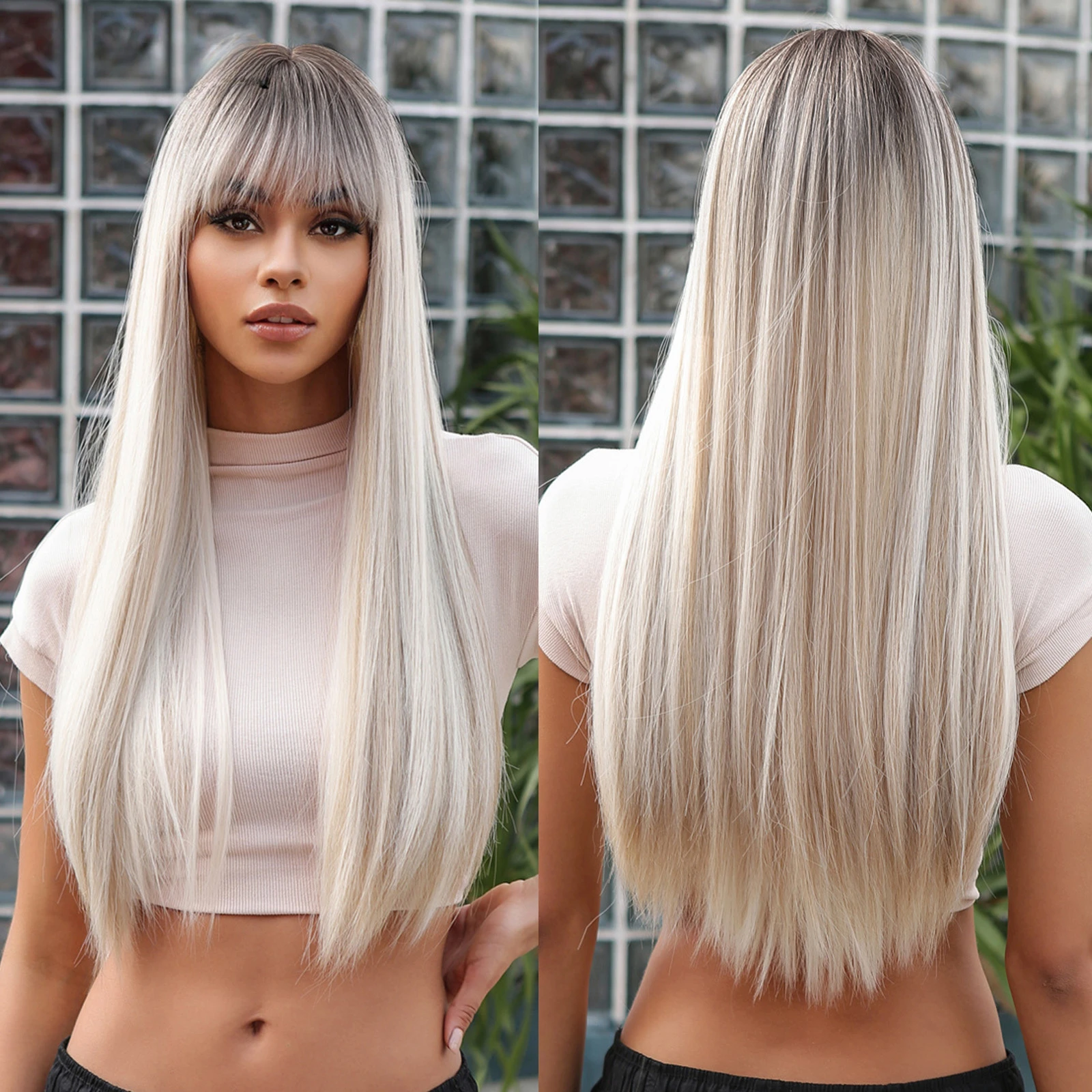 Long Platinum Blonde White with Bang for Women Natural Straight Cosplay Heat Resistant Fiber Synthetic Wigs