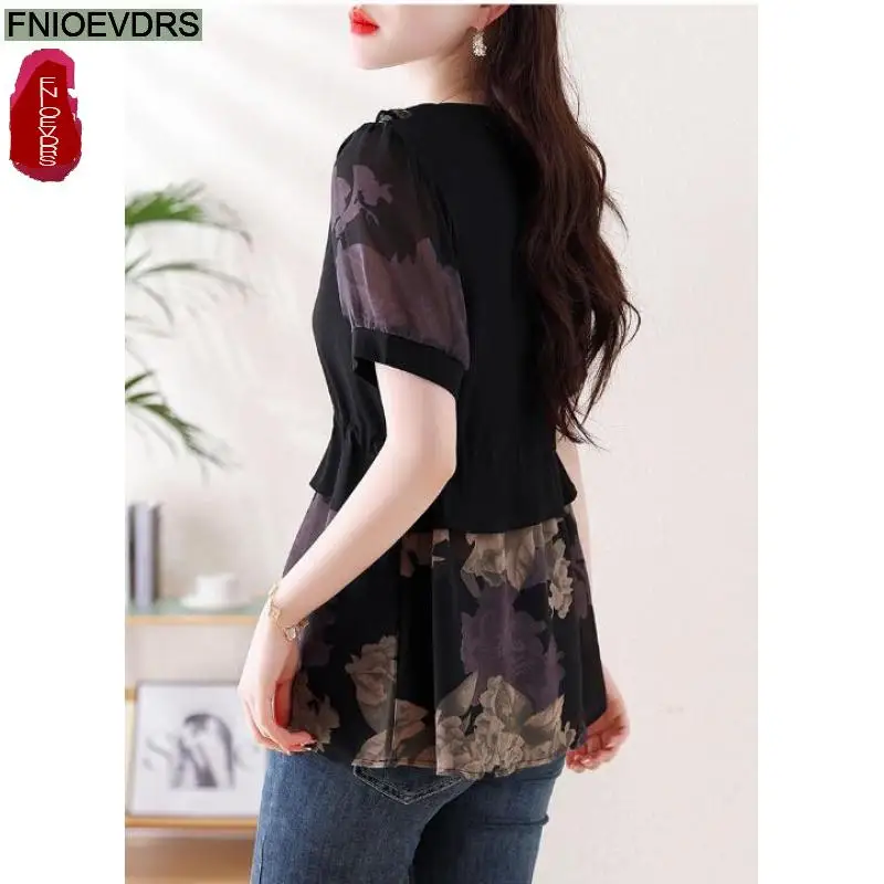 L-5XL 2024 Peter Pan Collar Tops Women Basic Wear Office Lady Short Sleeve Fashion Retro Vintage French Design Shirts Blouses