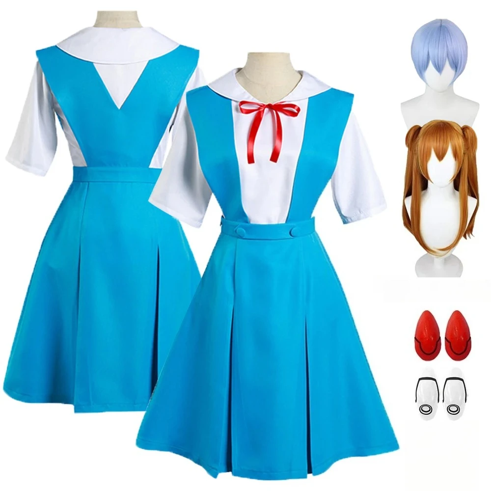 Disfraz de Cosplay de Anime Rei Ayanami, Uniforme Escolar de Asuka Langley Soryu, Peluca, Pinzas para el Cabello, Ropa Loli para Fiesta de Halloween