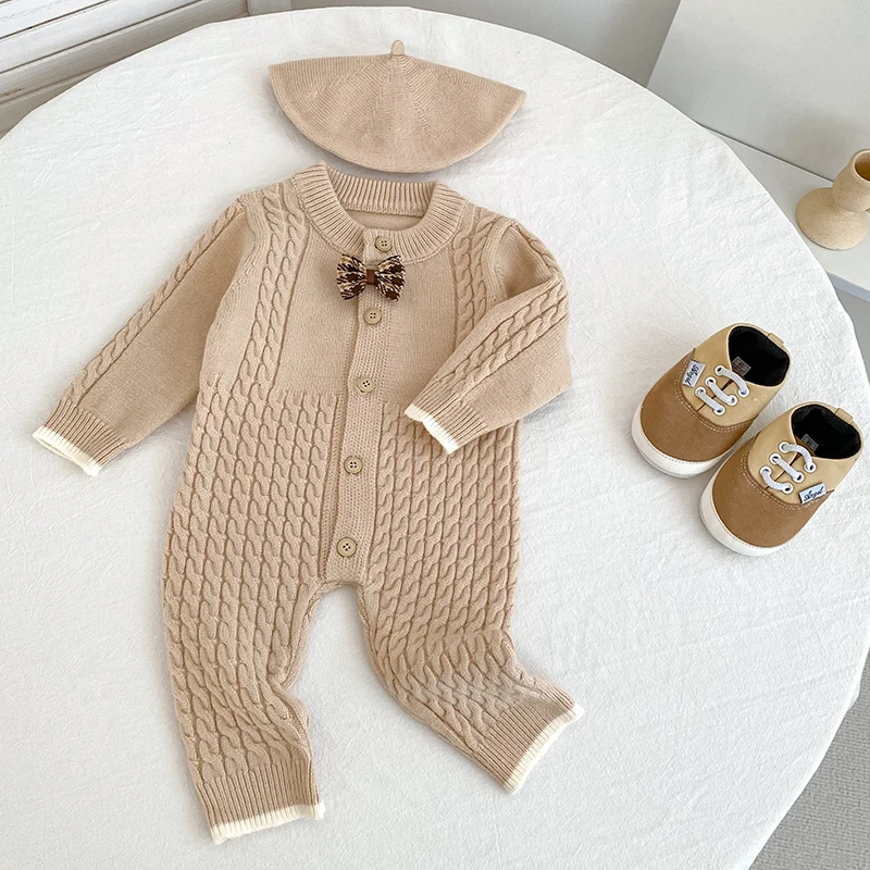 

Вязаные комбинезоны для маленьких мальчиков + шапка, 2 предмета, одежда для новорожденных, рождественские вязаные теплые детские осенние одежды, вязаные комбинезоны, милые комбинезоны