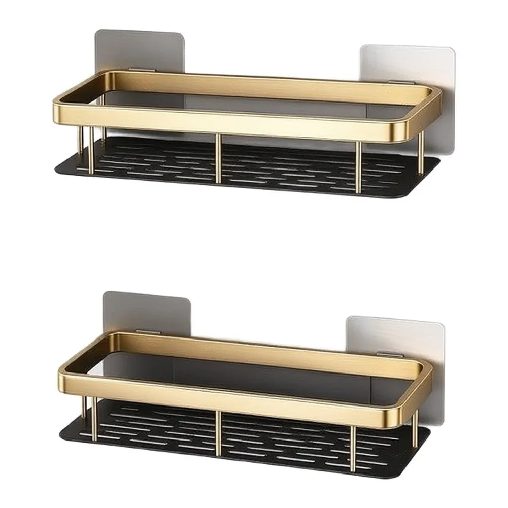 2-Piece Golden Bathroom Shelf Rack No Drill Self-Sticking Mount for High Humidity 38x15x6cm Carbon Steel Frame