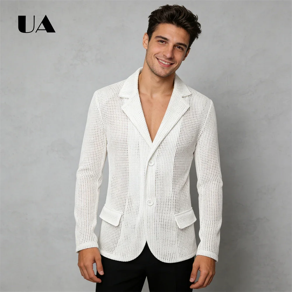 

Сетчатый пляжный свадебный костюм для жениха, однобортный вязаный пиджак с лацканами, легкая летняя модная верхняя одежда