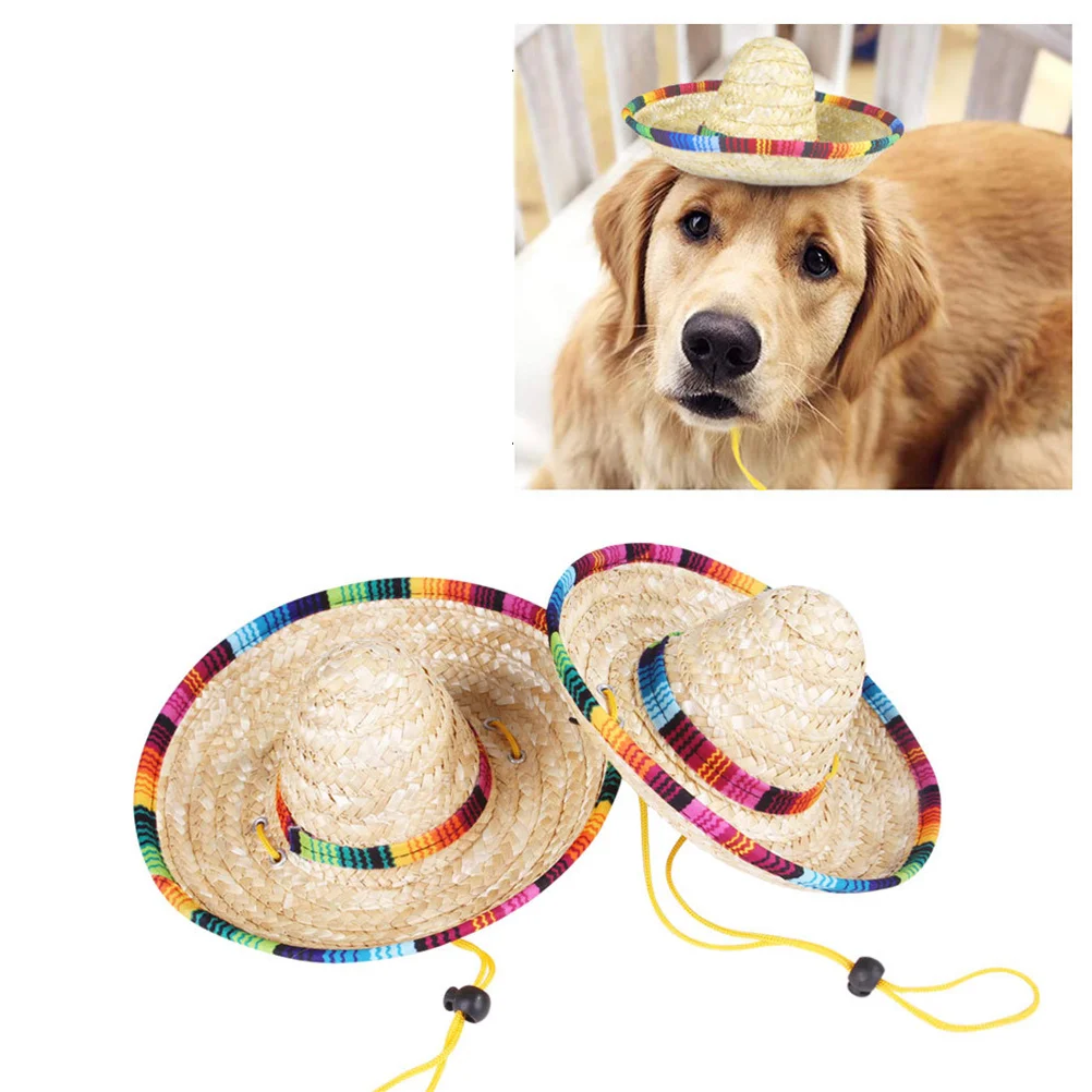 

1Pcs Straw Braid Breathable Sun Hat Adjustable String Summer Outdoor Pet Hat Size M Beige Sun Protection Pet Decoration