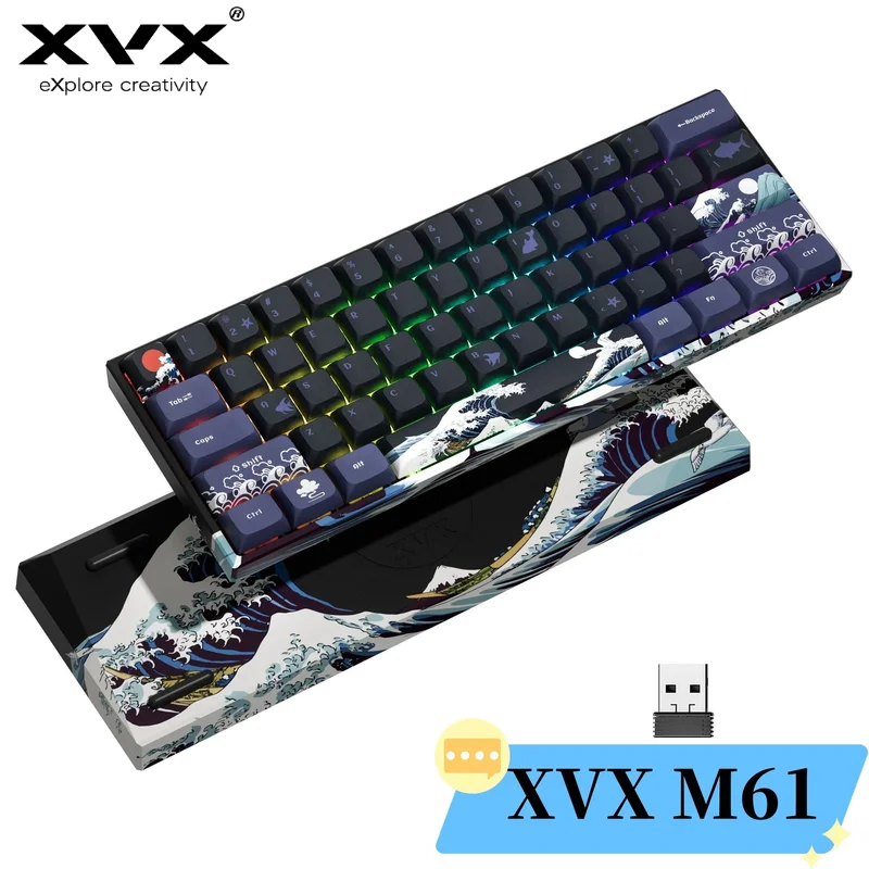 

Беспроводная механическая мини-клавиатура XVX M61 RGB, 60-процентная игровая клавиатура с горячей заменой Gateron Great Wave Off Kanagawa