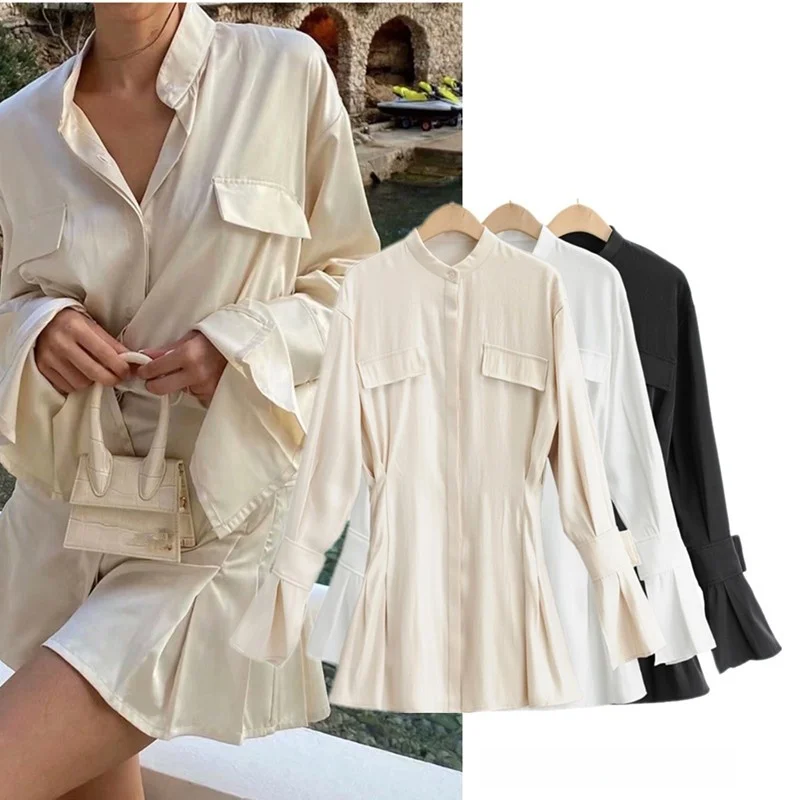 스트리트 슬레 롱 스웨트 새틴 랩 웨이스트 플레어드 스웨트 스커트 드 디자인 센스 블로거 모델 스탠드 칼라 스커트 슬레 드