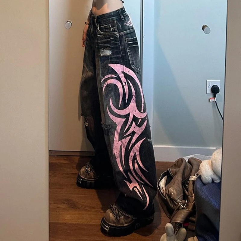 

Джинсовые брюки Женские джинсы Широкие длинные брюки с отверстиями Прямые брюки с высокой талией Y2k Уличная одежда с принтом Mom Jeans Casual Loose 2025