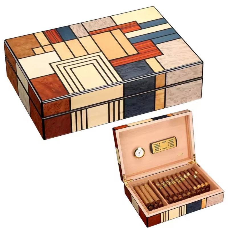 Deluxe Wooden Humidor Cedar Creative Wood Grain Large Capacity Cigar Moisturizer Cigarette Case with Hygrometer
