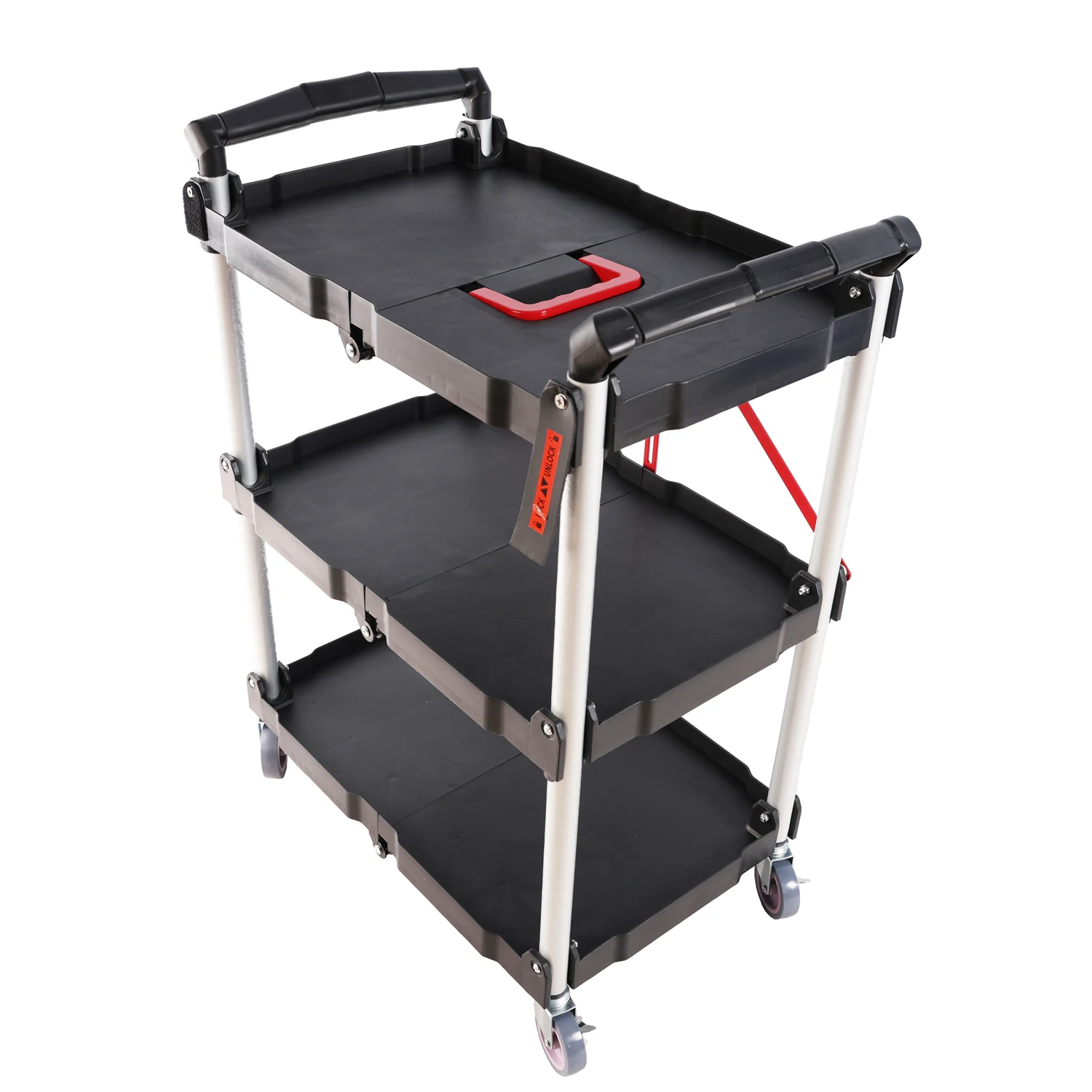 Folding service car with wheels, three-layer practical trolley, folding storage cart, suitable for family, garage, restaurant, h