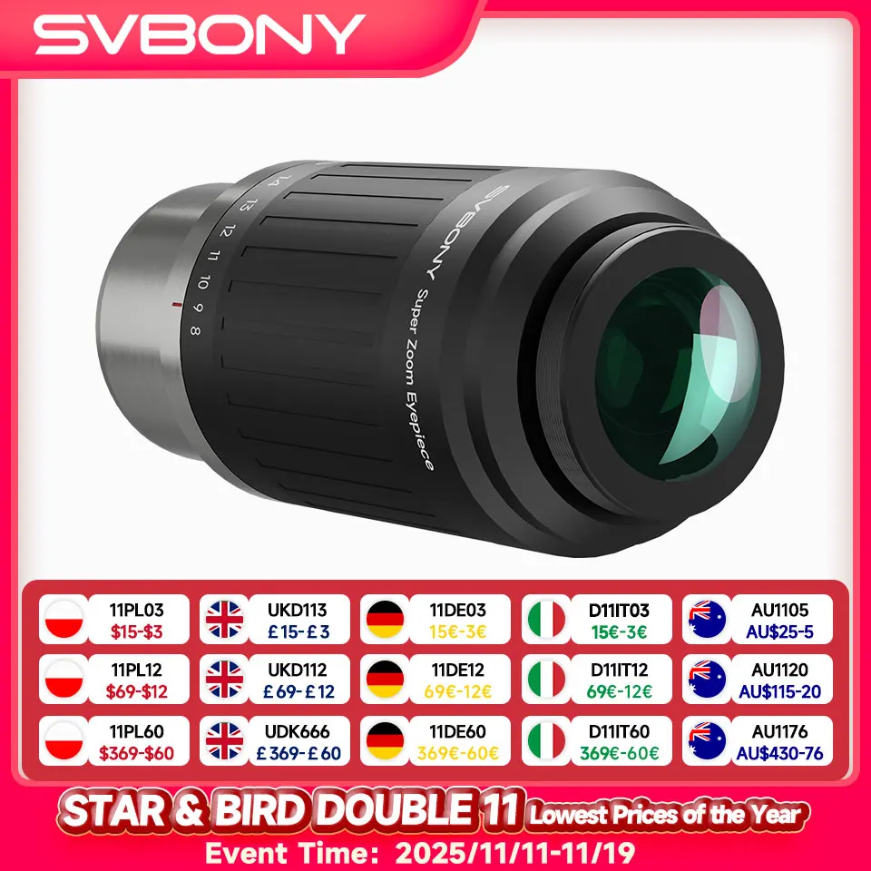 SVBONY SV230 Окуляр с зумом 8–20 мм, широкоугольный парафокальный (57 ° -72 ° ), Асферическая оптика, 1,25 дюйма/2 дюйма, двойная посадка для планетарных и глубокого неба