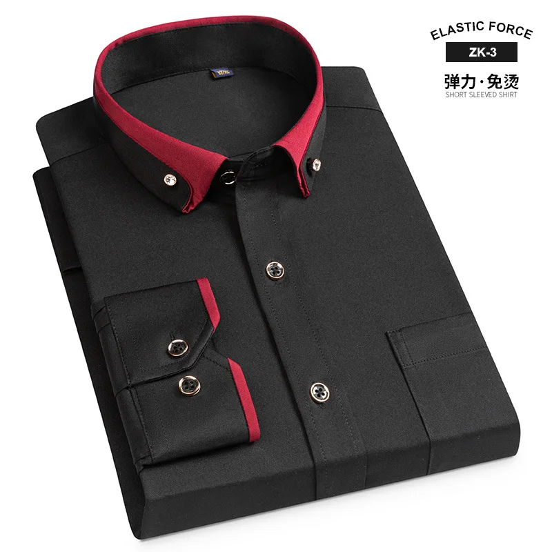 The latest four seasons stretch non-ironing solid color long sleeve shirt men\'s diamond buckle thin casual business shirt.