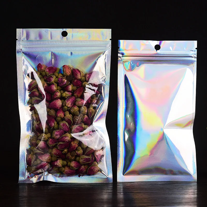 20pcs 8 Sizes Laser packaging bag Flat Bath Salt Cosmetic Bag One Side Clear Holographic Mini Aluminum Foil Zip Lock Bags Thick