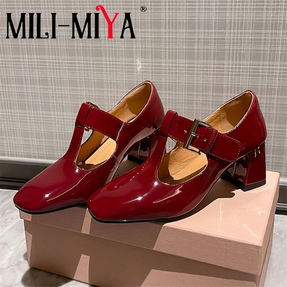 MILI-MIYA Women’s Classic Square-Toe Calfskin High-Heeled Shoes With Chunky Heels And Buckle Fastening Pumps Handmade For Ladie