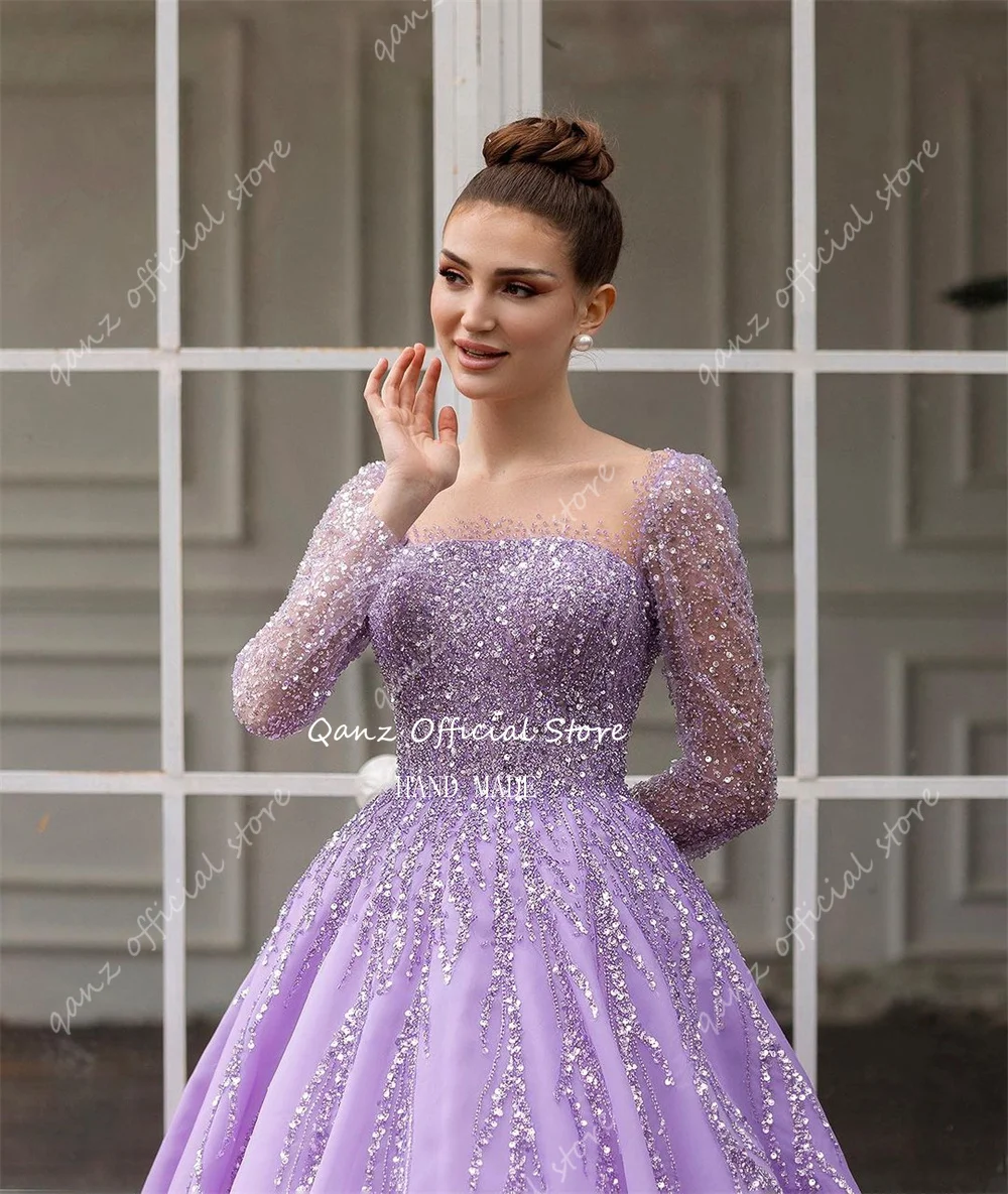 Qanz Luxury Lilac Wedding Dress Long Sleeves Sparkle Sequined Tulle Strapless Ball Gown Dress for Women Party Gown Customized