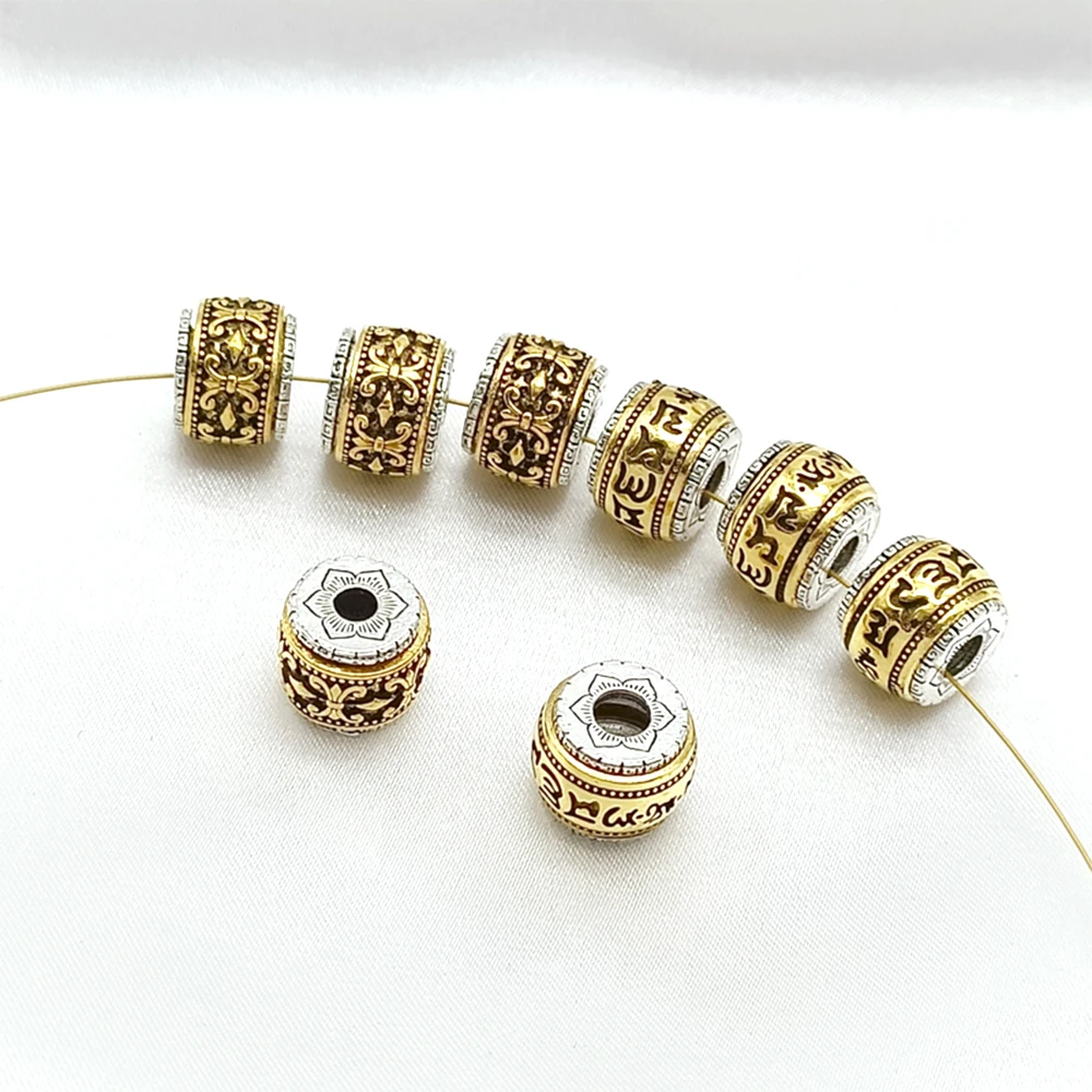 5 Pieces 9*12mm Two Tone Retro Six Character Mantra Large Hole Bead DIY Jewelry Making Necklace Bracelet Accessory Materials