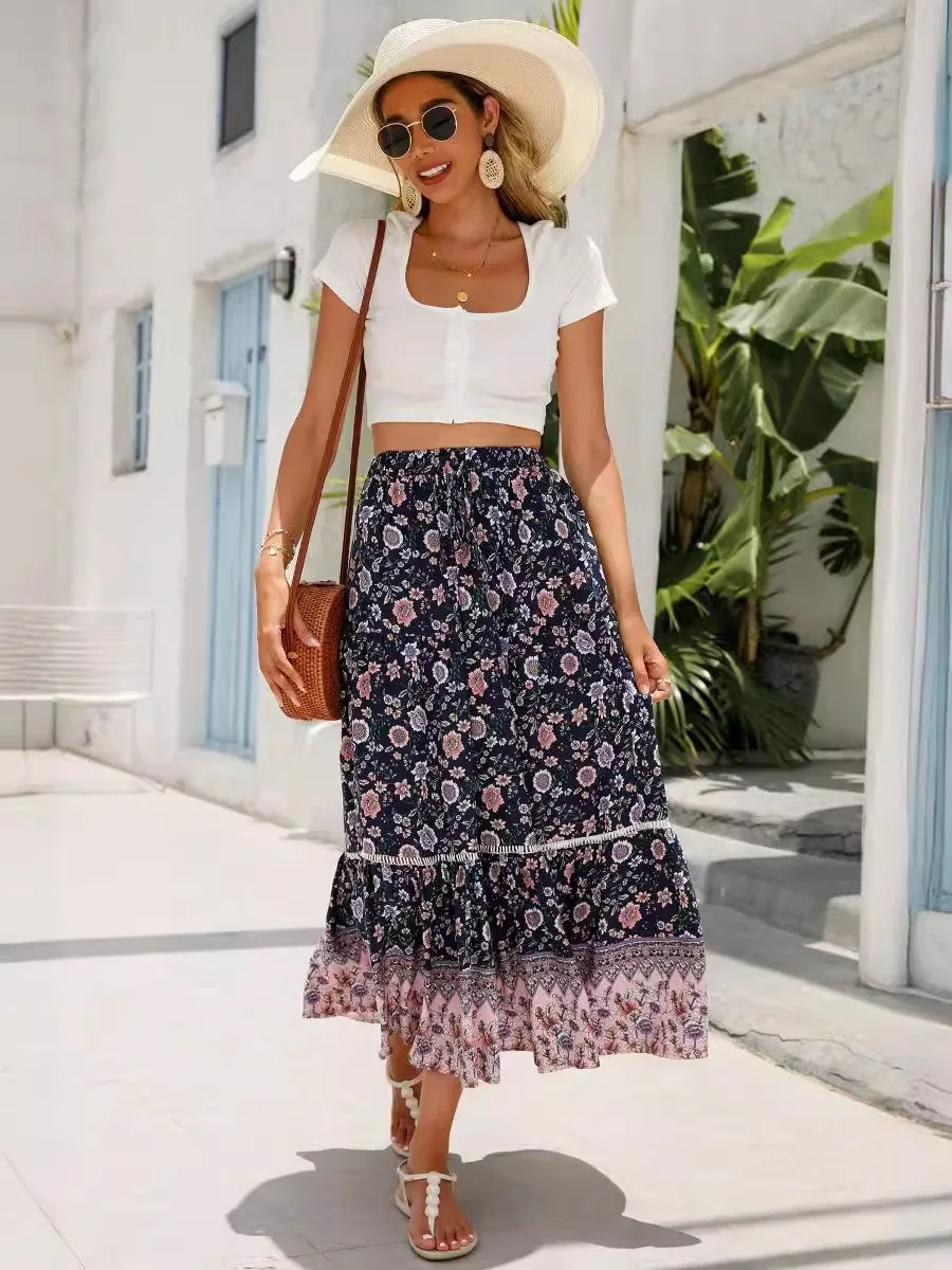 Lace Patchwork Long Skirt Cotton Boho Beach Vacation Style Halter Skirt