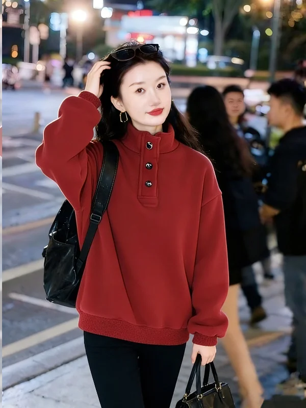 

Женская утепленная толстовка с высоким воротником на флисовой подкладке, свободного кроя, модная, осенне-зимняя, новая модель, стройнящий топ